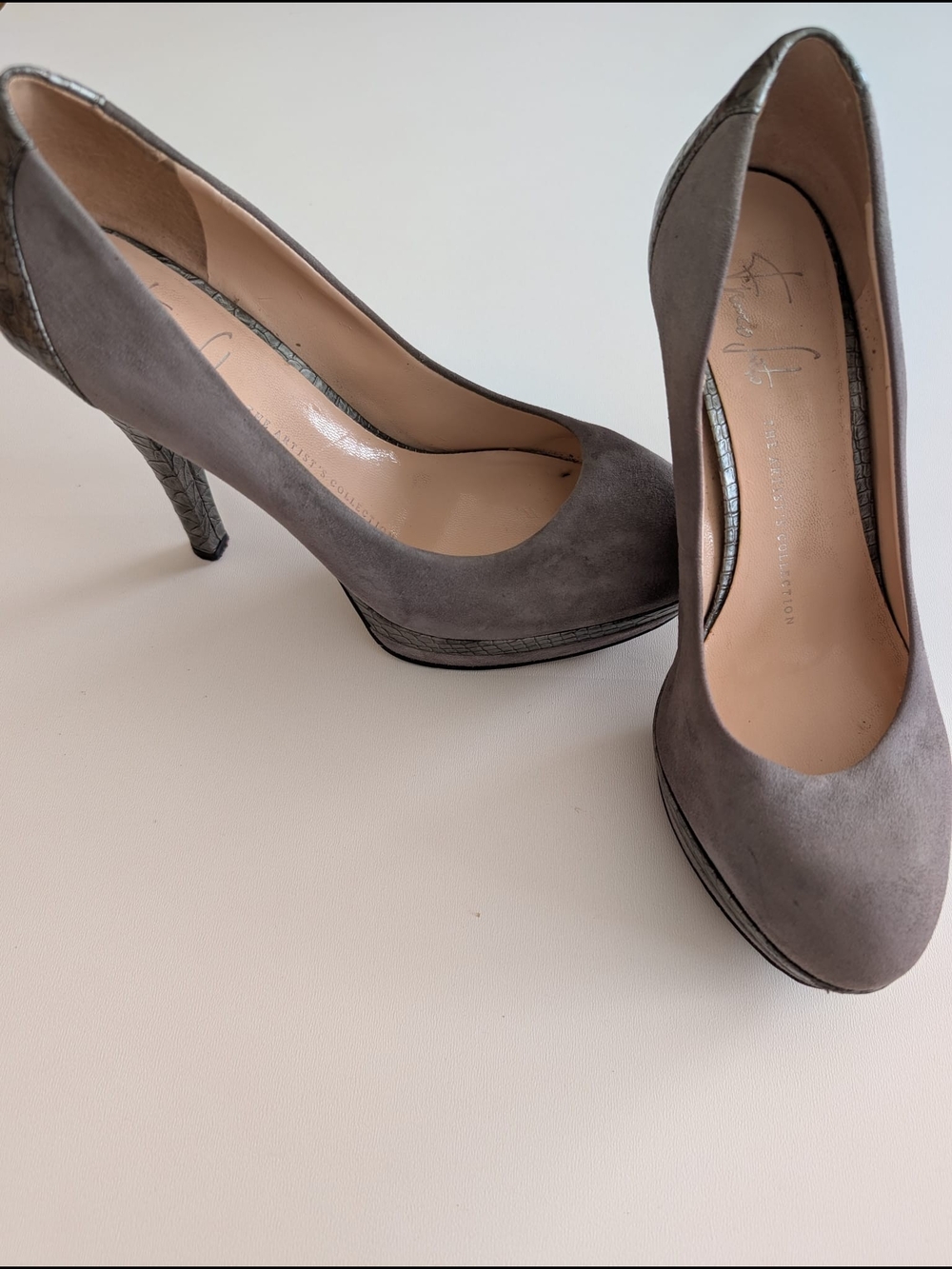 Franco Sarto Gray Suede Platform Pumps With Croc Design